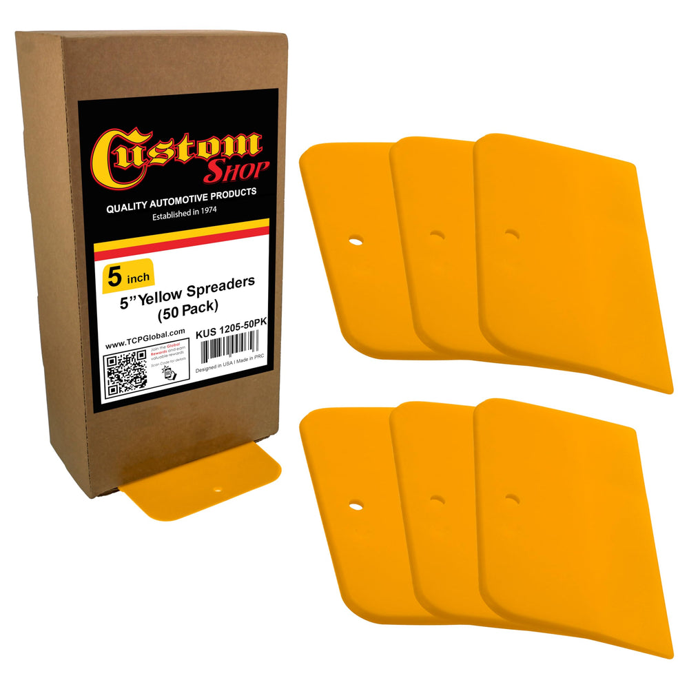 Custom Shop 5 Inch Plastic Spreader packaging showing a 50-pack for automotive and crafts