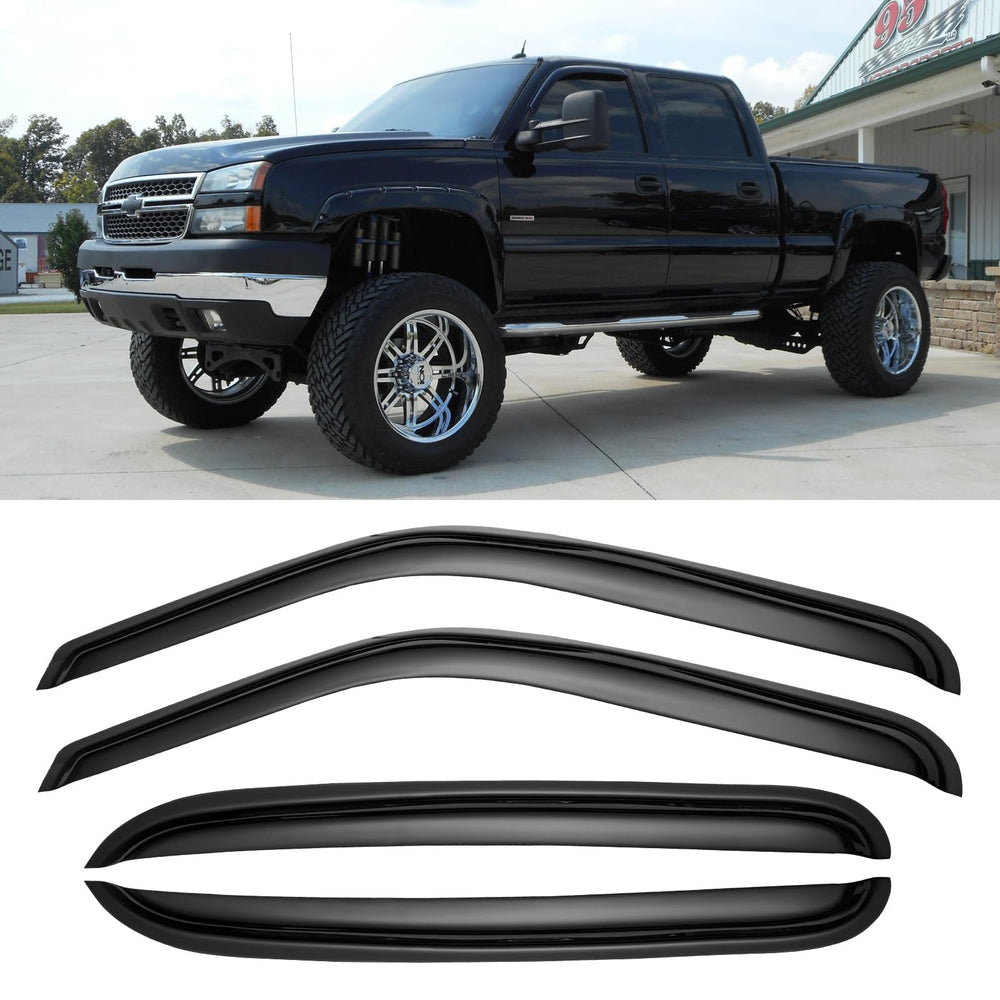 Cxdar window rain guards on Silverado front view showing protective deflection