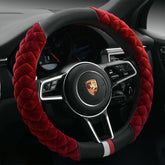 Cxtiy plush steering wheel cover burgundy, front view, warm grip for winter drives.