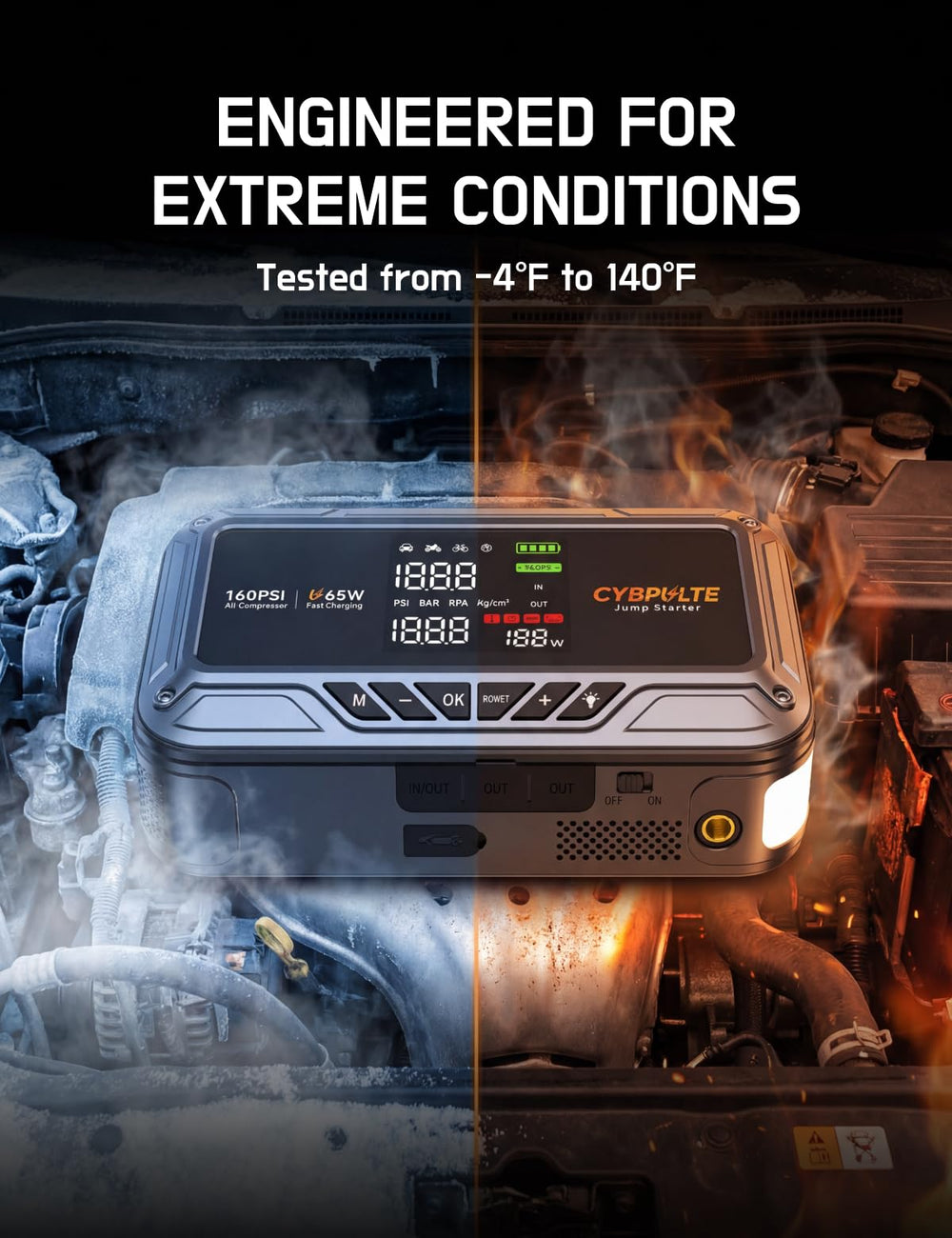CYBPULTE all-in-one emergency jump starter for 12V vehicles.
