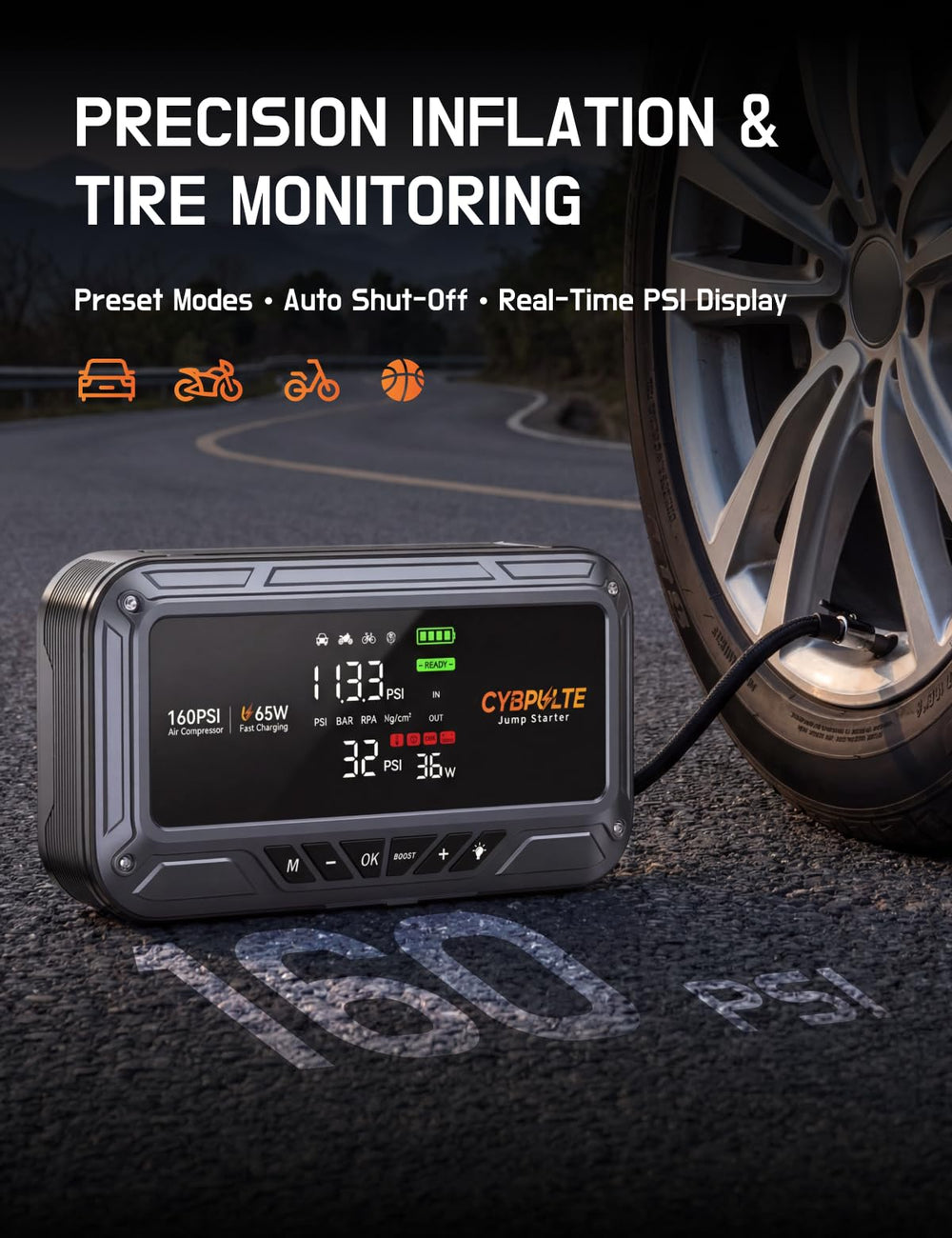 CYBPULTE LCD display shows battery and pressure status at a glance.