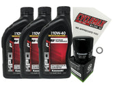 Cyclemax Oil Change Kit for Kawasaki Ninja 400 — oil bottle being poured for easy maintenance.
