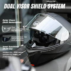 CYRIL modular helmet open-face view illustrating effortless one-handed flip-up transitions.
