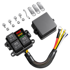 DaierTek 12V 3-way waterproof relay box front view highlighting rugged automotive wiring