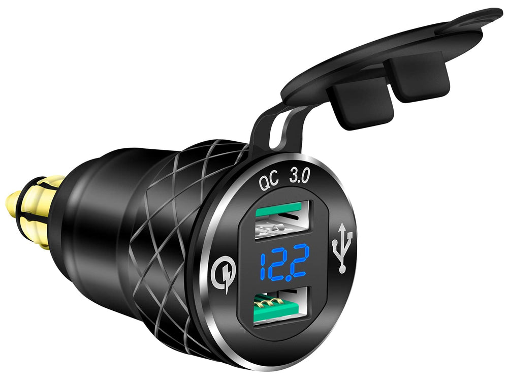 DaierTek DIN Hella plug with dual USB charger for motorcycles provides quick charging on the go.