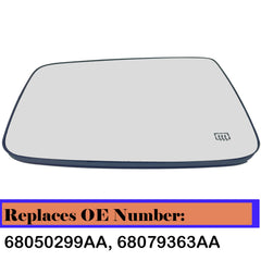 OE-replacement mirror glass compatible with 68050299AA and 68079363AA.