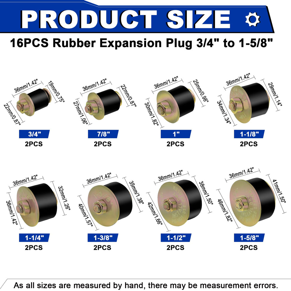 Daptemn expandable freeze plug sizes show flexible sealing for multiple hole diameters.
