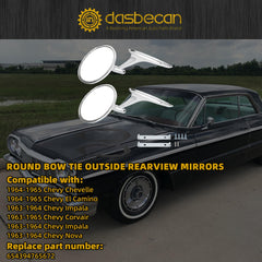 Dasbecan chrome round bowtie mirror, side view, enhances vintage Chevy styling and visibility.