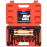 DASBET valve spring compressor with C clamp in use for safe removal.