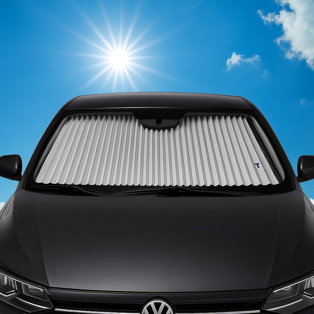 Dash Designs windshield shade extended across the windshield for cooling and protection.