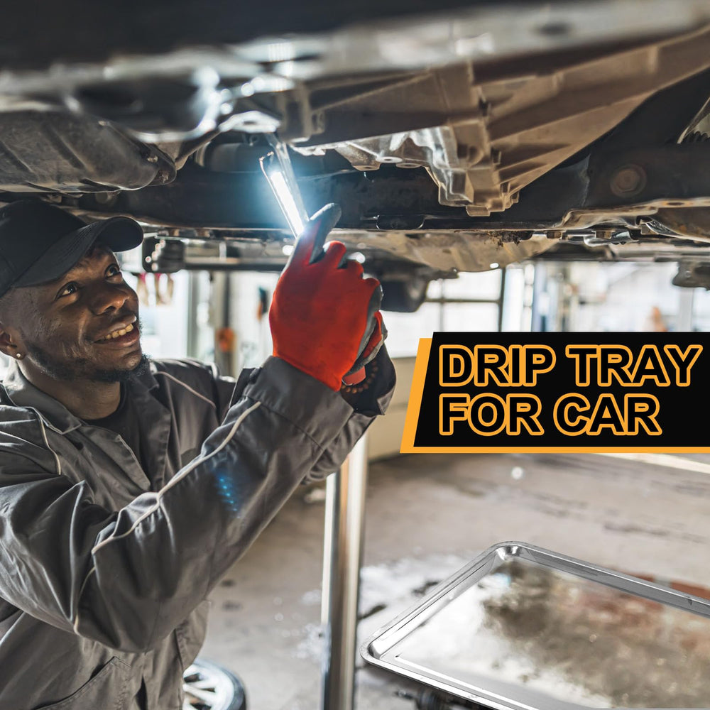 Datanly drip pan used for motorcycle oil change keeps workspace clean