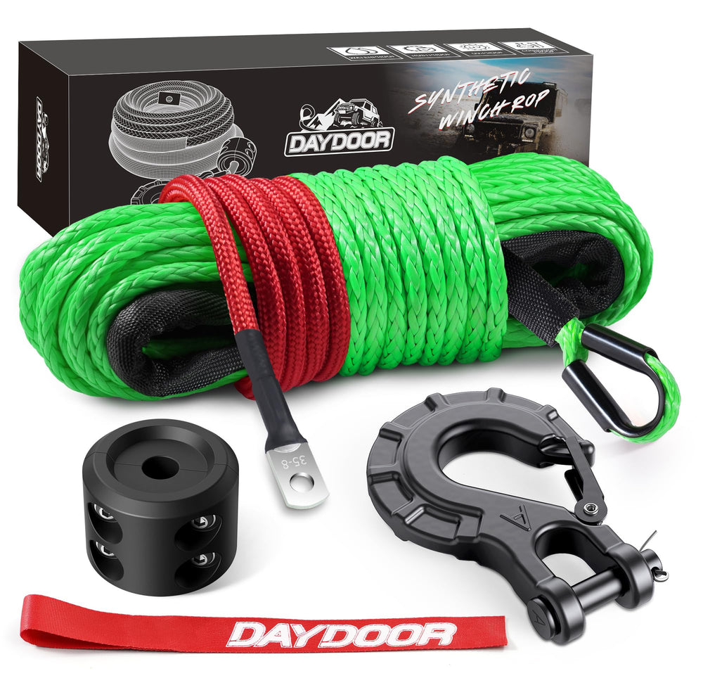 DAYDOOR synthetic winch rope close-up showing 50ft length and high strength for off-road recovery.