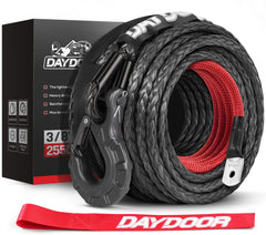 DAYDOOR winch rope close-up highlights braided UHMWPE fibers for strength.