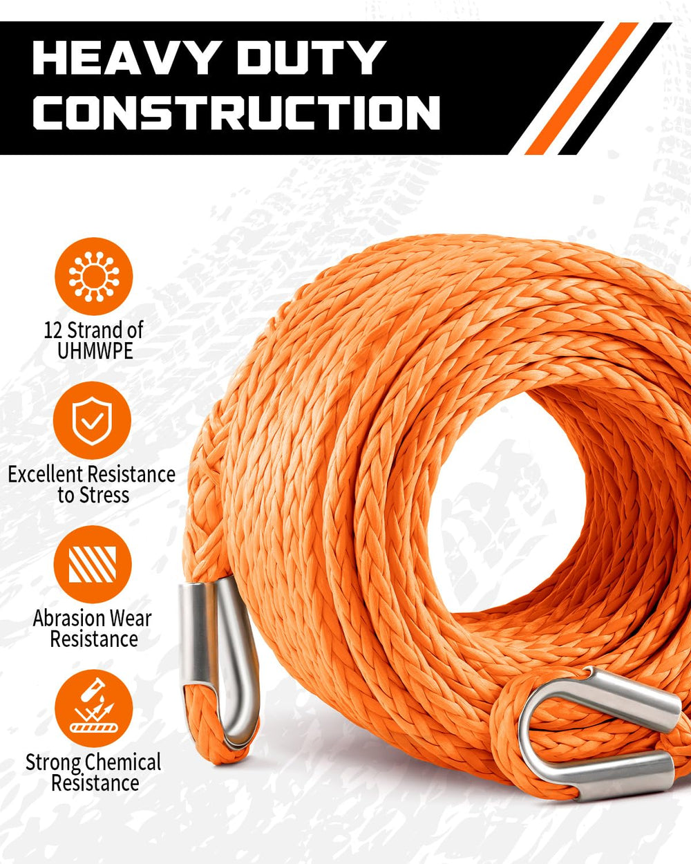 DAYDOOR Winch Rope Extension 50ft UHMWPE core close-up, highlighting high strength.
