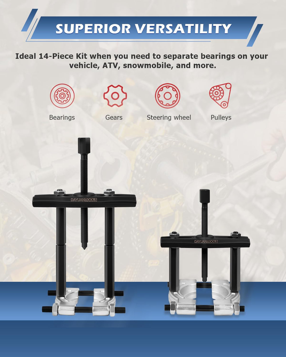 DAYUAN 3-inch jaws suited for larger bearings and balanced force.