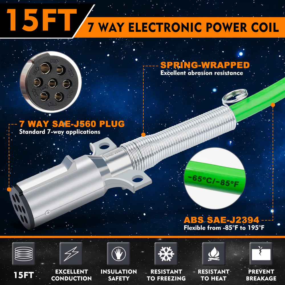 Dazakoot 7Way ABS trailer cord in coiled form for flexible, tangle-free setup