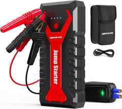 DBPOWER 5000A jump starter front view highlighting compact portability.