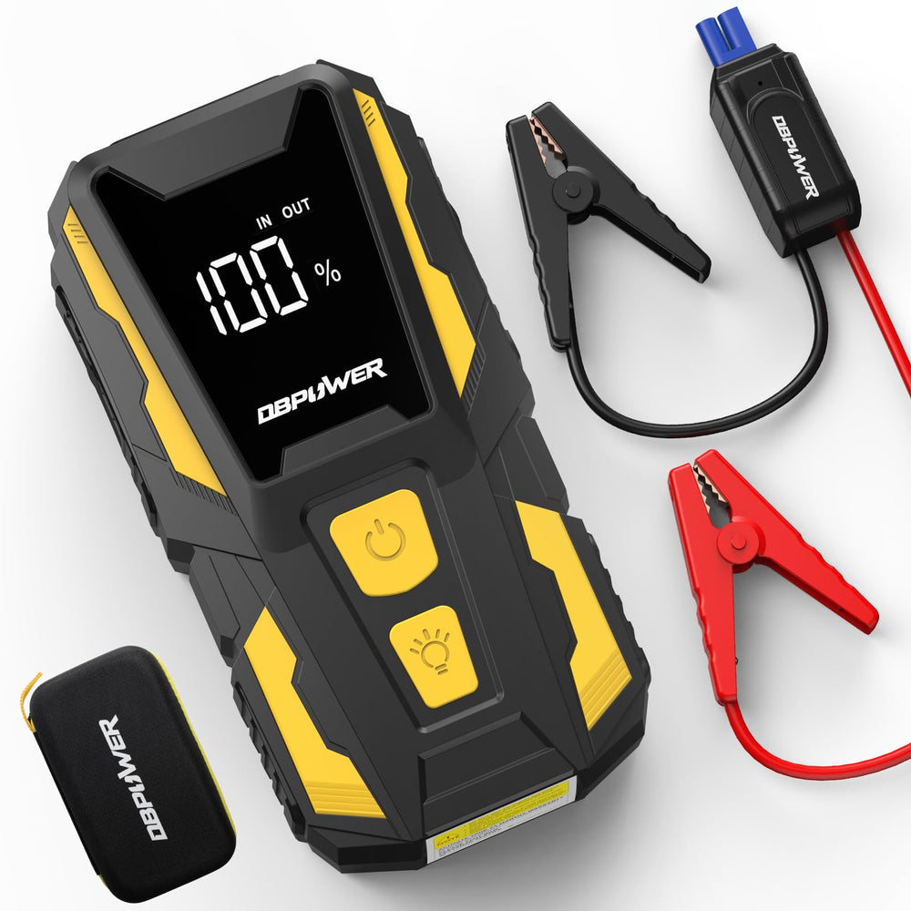 DBPOWER 5000A jump starter front display shows charge level for planning.
