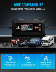 DC HOUSE 12V 5A charger with alligator clips supports versatile battery setup.