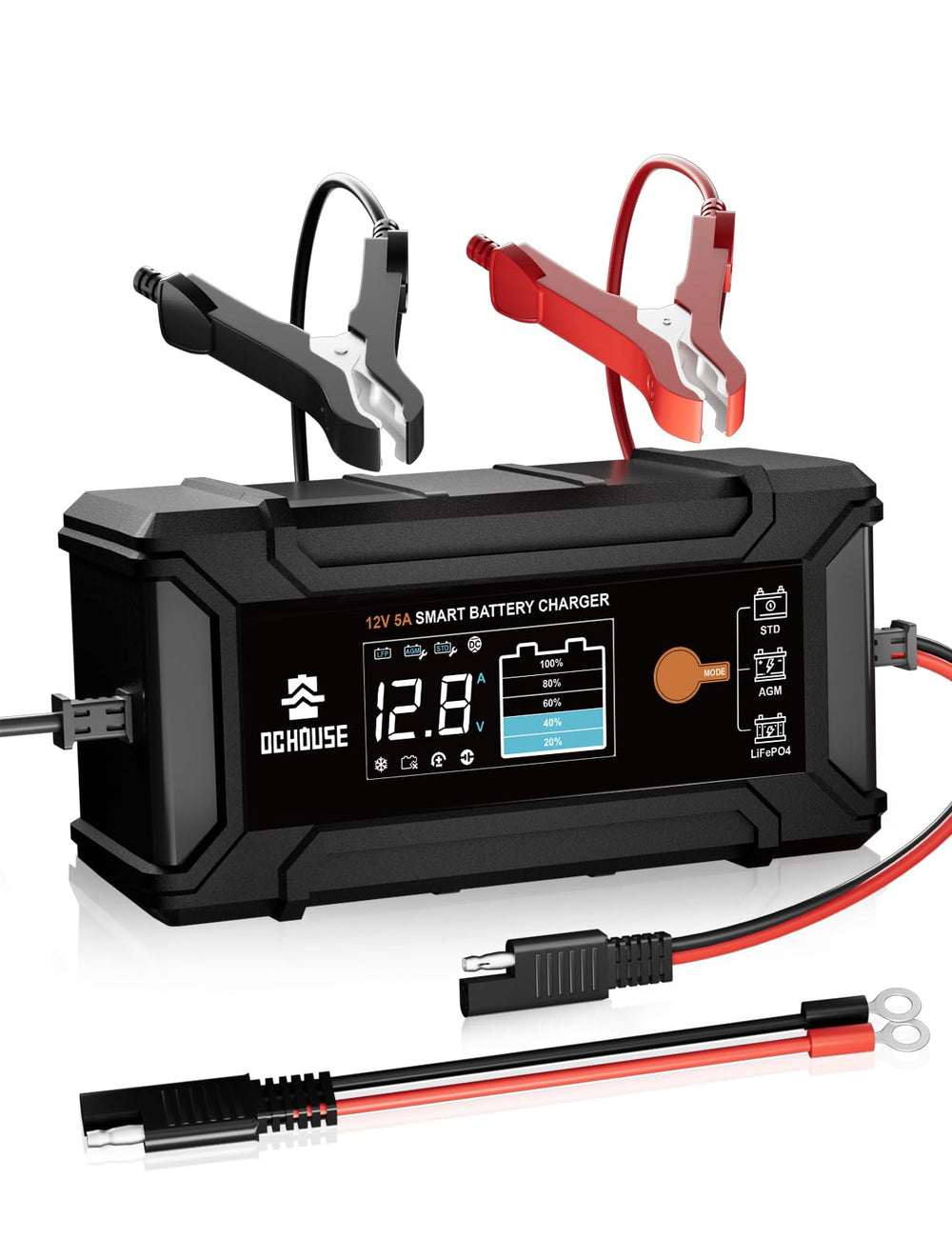 DC HOUSE 12V 5A charger front view powering a car battery safely.