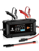 DC HOUSE 12V 5A charger front view powering a car battery safely.
