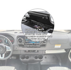 DCOMA sleek cord console enhances van cabin organization inside Sprinter dash.