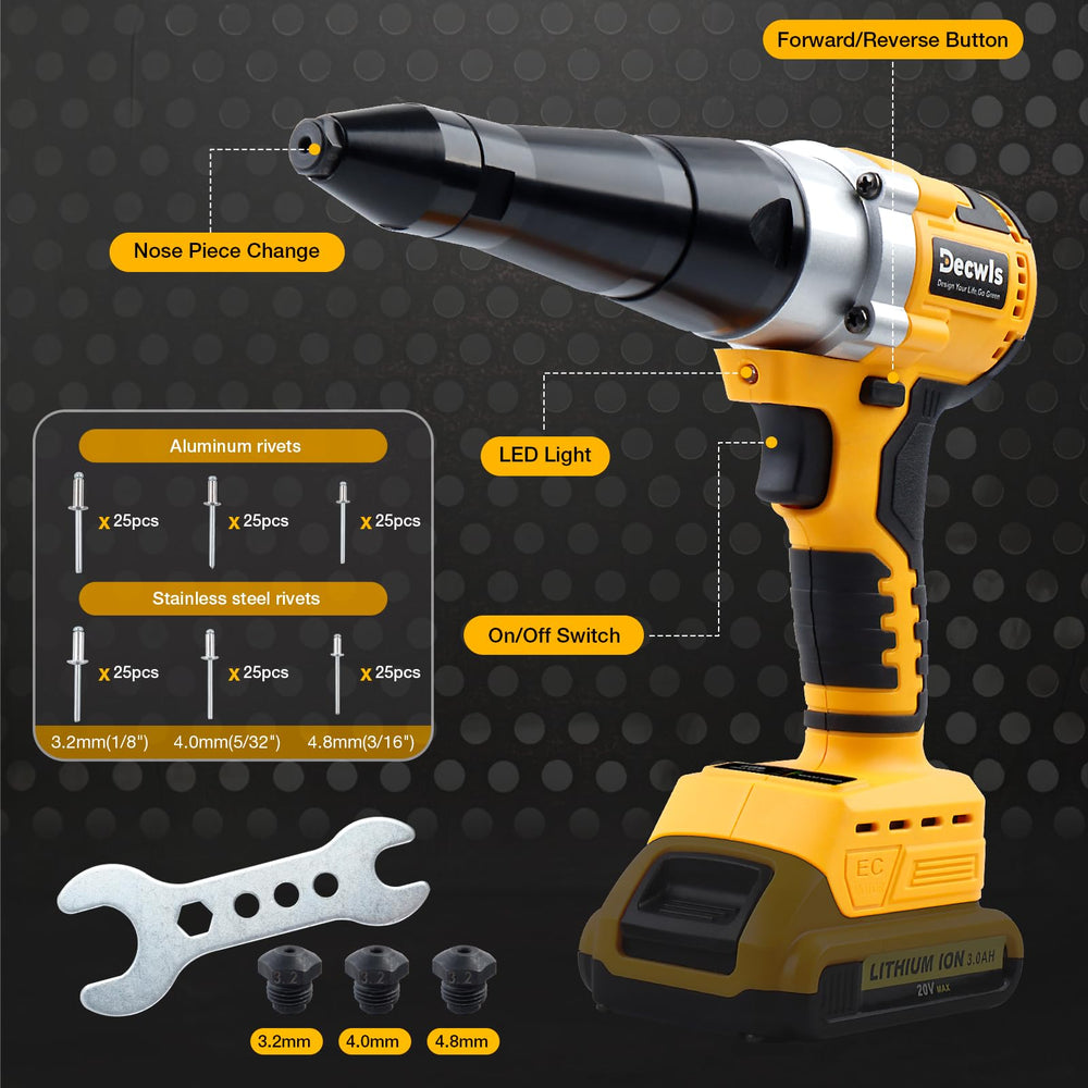 Decwls rivet gun with DeWalt 20V Max battery for flexible power.