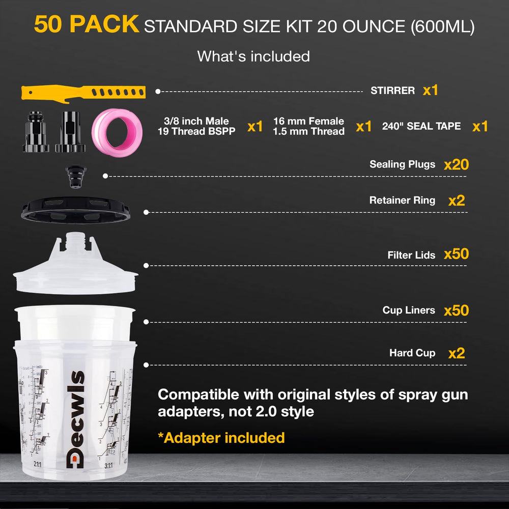 Decwls reusable paint cups with retainer ring ensure secure, leak-free operation on spray jobs.