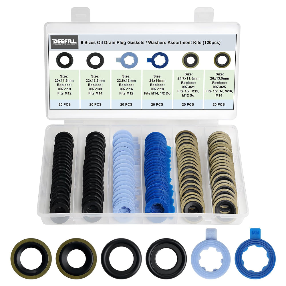 DEEFILL six-size oil drain plug washers kit in a clear organizer