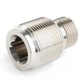 DEEFILL oil filter adapter assembly on engine, enabling larger 1 1/8-16 filters.