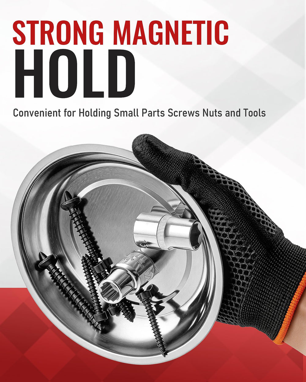 DeepRedCoast square magnetic tray stabilizes hardware on a tool chest.