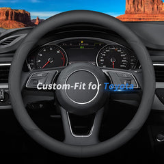 Deer Route steering wheel cover in front view showcases luxury leather and a secure Toyota fit.