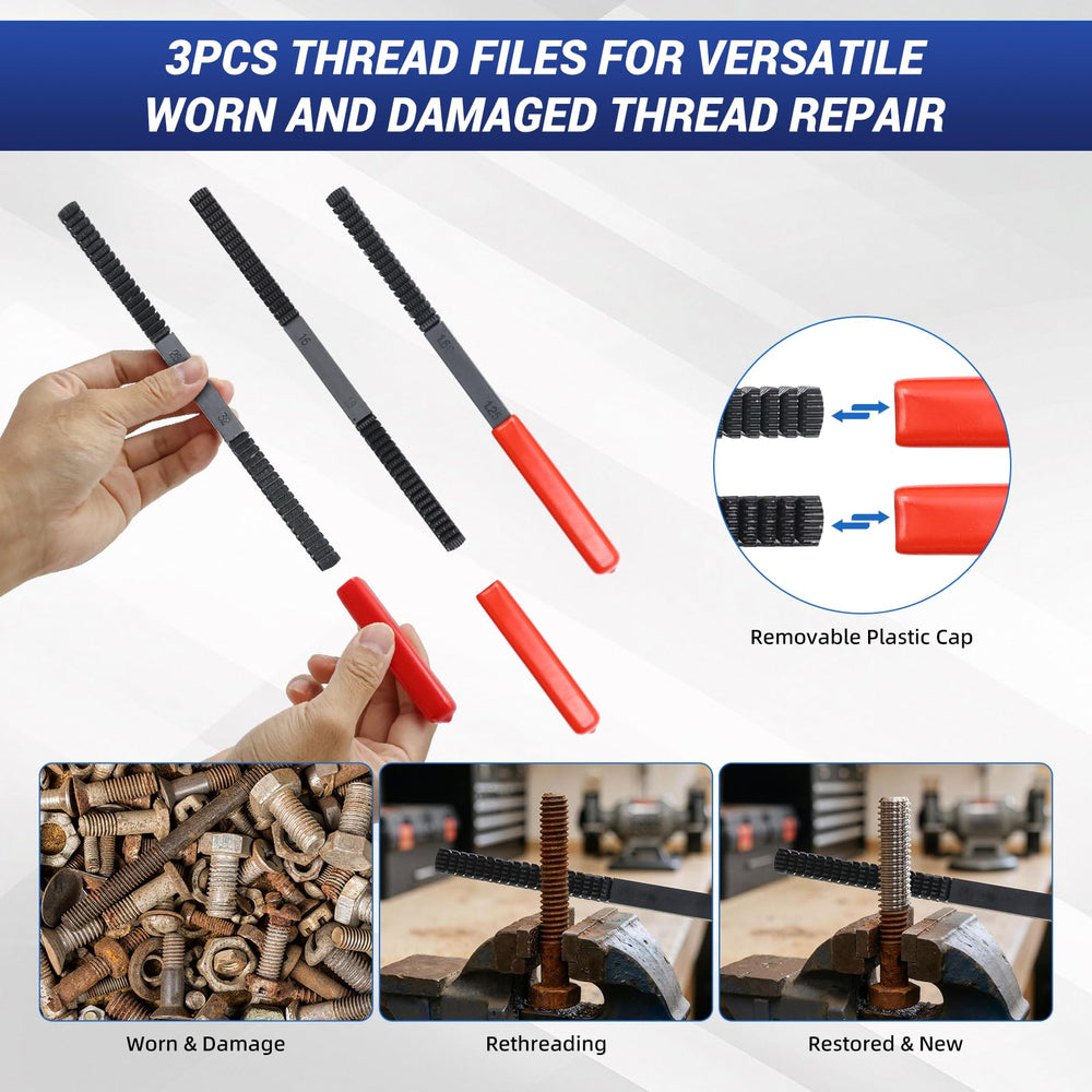 Thread files and pitch gauges help clean burrs and verify pitch.