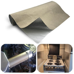 DEGEOBERLIN titanium adhesive-backed heat shield on wall behind grill offers reliable heat protection.