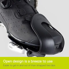 Close-up of durable nylon Delta Cycle toe clips for smooth comfort