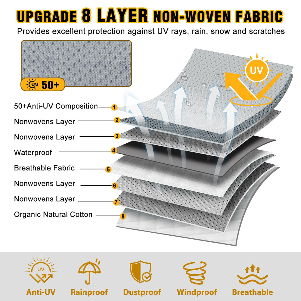 DenForste RV cover side view emphasizes windproof straps for secure protection.