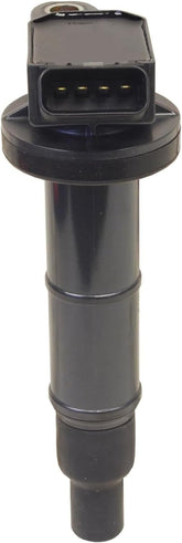 Denso 673-1307 ignition coil close-up, showcasing compact design for space-saving fit.