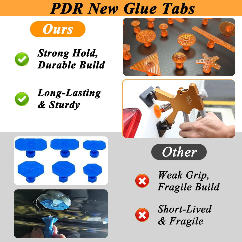 Glue tabs in various sizes for versatile dent repairs.
