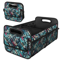Deosk car trunk organizer showing six pockets for organized essentials on the go.