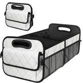 Deosk trunk organizer with six large pockets in beige keeps car essentials neatly arranged.