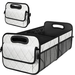 Deosk trunk organizer with six large pockets in beige keeps car essentials neatly arranged.