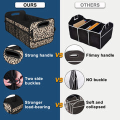 Deosk leopard print trunk organizer adds style while keeping items separated.