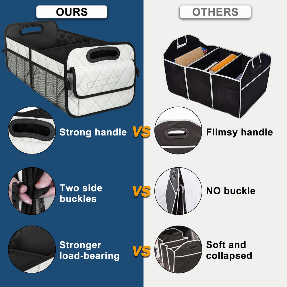 Deosk trunk organizer in SUV use shows versatile storage for groceries and toys.
