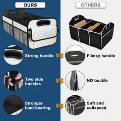 Deosk trunk organizer in SUV use shows versatile storage for groceries and toys.
