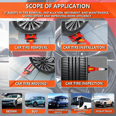 DESEQPT lever-principle design minimizes effort when lifting heavy tires.