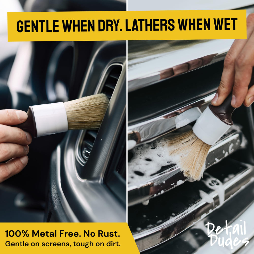 Detail Dudes wheel and grille brush helps exterior detailing reach spokes and crevices.