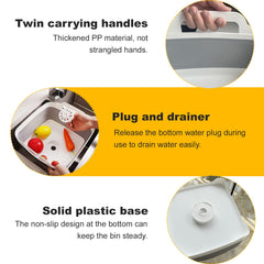 Detsuk collapsible basin opened to 2.4 gal capacity with bottles and dishes.