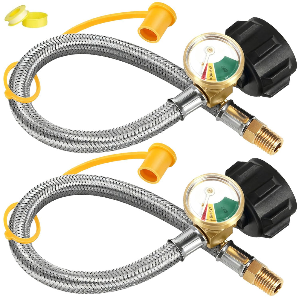 Deuovht 18-inch RV propane hose with gauge connected to an RV regulator for reliable camping propane