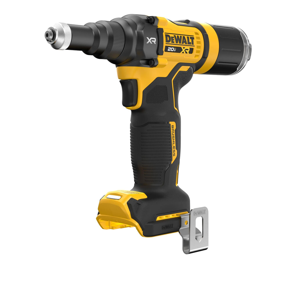DEWALT 20V MAX XR rivet tool ready for 3/16 in rivets on metal panels