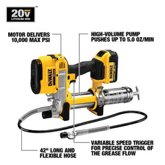 DEWALT grease gun at 10,000 psi delivers strong lubrication.